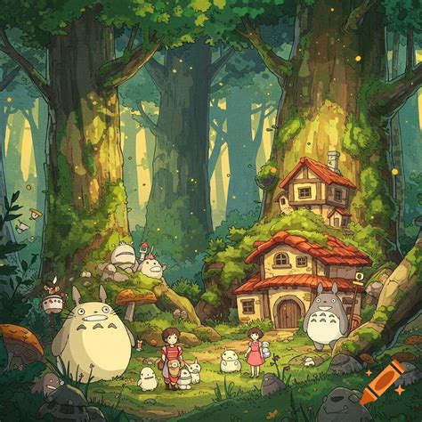 totoro  spirits   girls  houses nestled  mossy trees