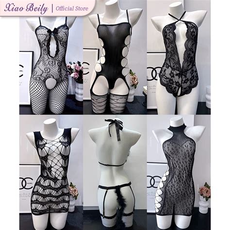 Xiaobeily Open Crotch Fishnet Bodysuit Sexy Lingerie One Piece Stockings For Women Baju Tidur