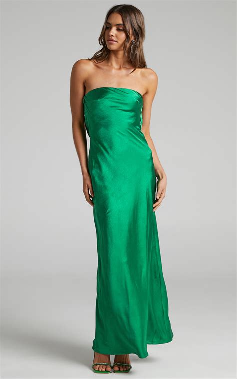 Charlita Strapless Cowl Back Satin Maxi Dress In Green Showpo Nz