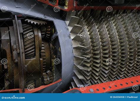 cut   early jet engine showing alloy compressor blade
