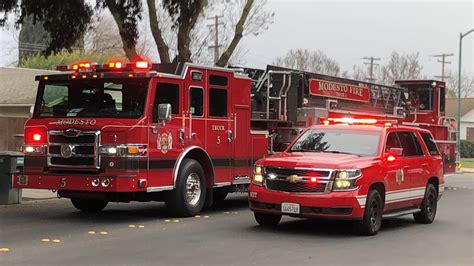 Modesto Fire Dept Truck 5 And Battalion 5 Responding To A House Fire