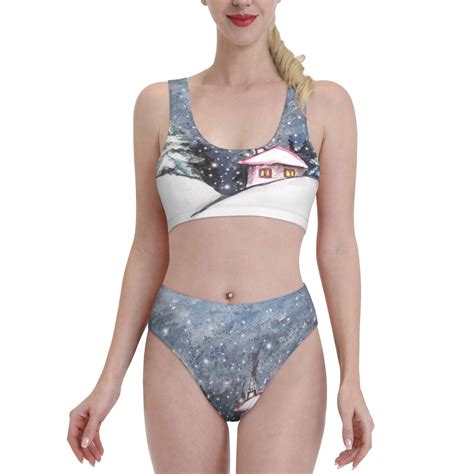 Fotbe Women S Watercolor Winter Landscape For Christmas Print Bikini High Waisted Swimsuit Two