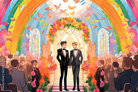 Bright Multi Colored Illustration Of The Wedding Process Of A Gay Couple At The Altar In A