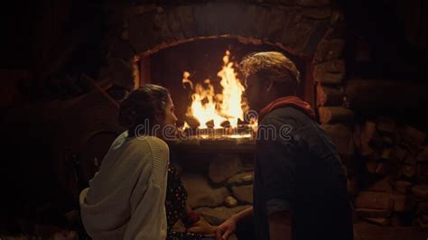 Romantic Couple Sitting Fireplace In Country House Two Lovers Enjoy