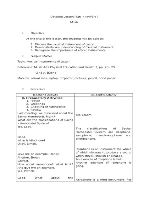 detailed lesson plan  mapeh  musical instruments organology