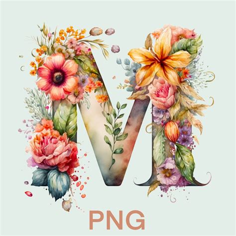 Watercolor Flower Letter M Png Clipart Botanical Letter M Etsy Artofit