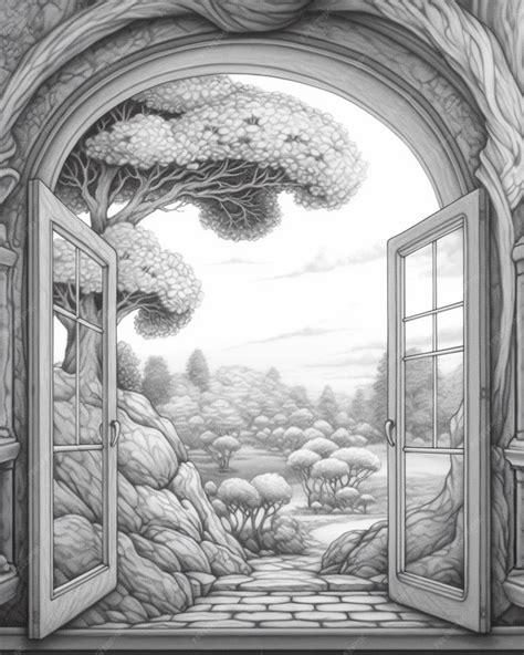 Premium AI Image | A drawing of a doorway leading to a landscape with