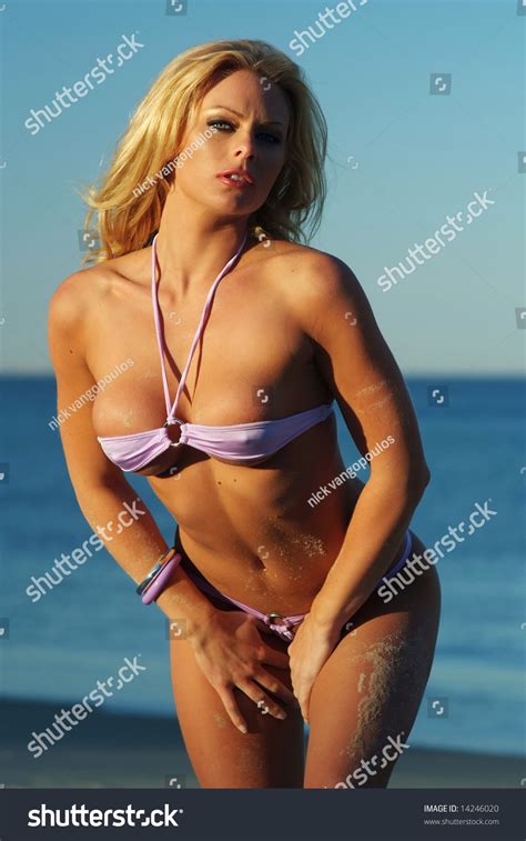 Sexy Blonde Woman Posing Purple Bikini Stock Photo 14246020 Shutterstock
