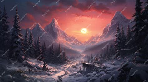 Premium AI Image | A painting of a snowy mountain with a sunset in the ...