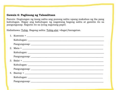 Gawain 6 Paglinang Ng Talasalitaan Panuto Dugtungan Ng Isang Salita