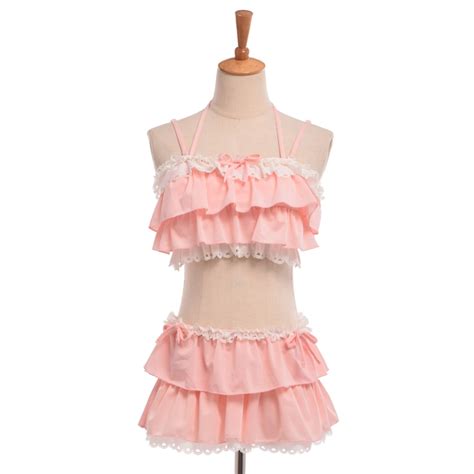 Sexy Pink Black Bikini Swimwear Tops Skirt Two Piece Set Cute Girls Ruffles Lolita Swimsuit