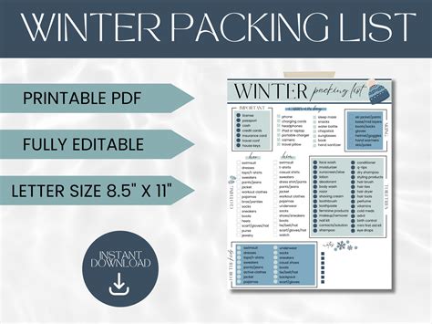 Winter Packing List Template Printable Packing List for - Etsy