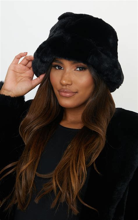 Premium Black Faux Fur Bucket Hat | Accessories | PrettyLittleThing CA