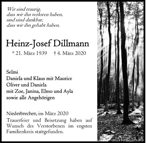 Traueranzeigen Von Heinz Josef Dillmann Vrm Trauer De