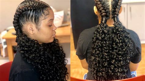 Curly Ends On Two Feed In Braids No Glue No Tracks Youtube