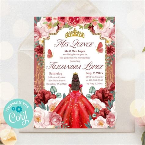 Burgundy Red Quincea Era Invitations Template Etsy