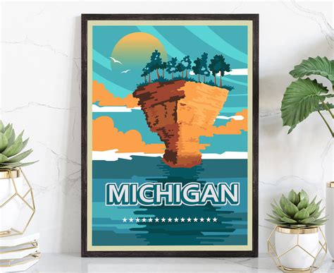 Retro Style Travel Poster, Michigan Vintage Rustic Poster Print, Home