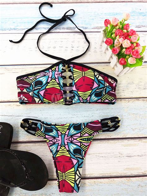 Black Cut Out Trival Printed Wireless Sexy Women S Bikini Swimsuit Milanoo