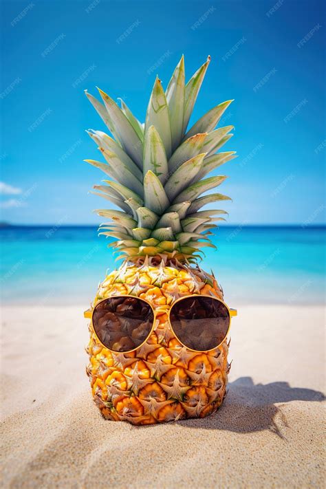 Premium Photo Funny Pineapple Fruit With Sunglasses On Beach