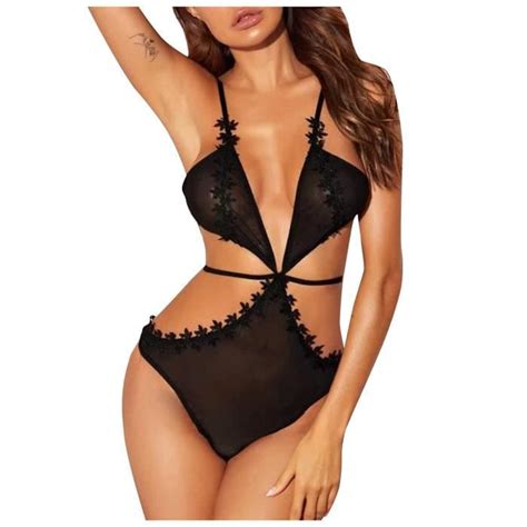 Mesdames Mode Sexy Lingerie Noir Transparent Dentelle Cravate Costume Une Pièce n65448 Noir