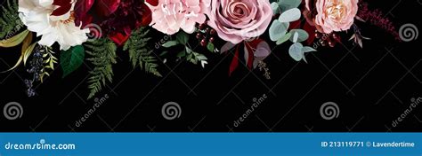 Elegant Dark Banner Arranged Leaves And Flowers Stock Vector