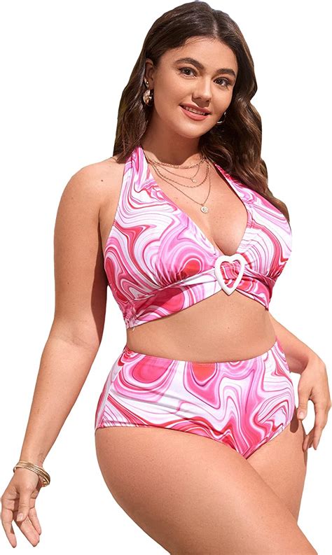 Women S Plus Size Allover Print Halter High Waisted Bikini Set Bathing Wf Shopping