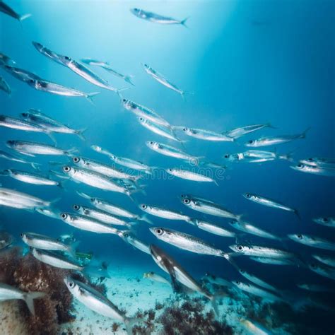 Underwater School Of Silverfish Swimming In Blue Ocean Stock