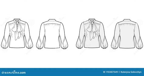 Pussy Bow Blouse Technical Fashion Illustration With Oversized Body Loose Fit Long Bishop