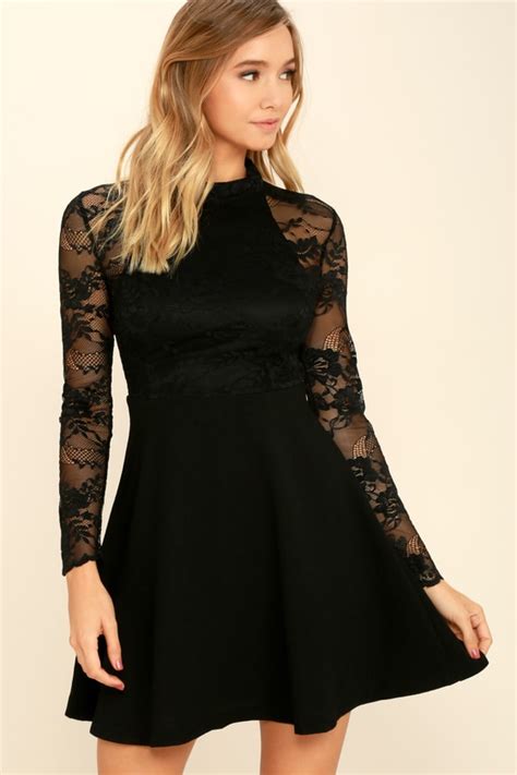 Lovely Black Lace Dress Long Sleeve Lace Dress Skater Dress 58