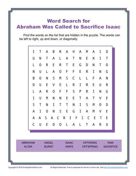 Abraham Was Called to Sacrifice Isaac Word Search - Children's Bible ...