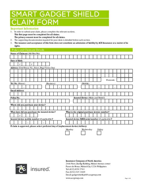 Fillable Online Smart Gadget Shield Claim Form Ace Group Fax Email