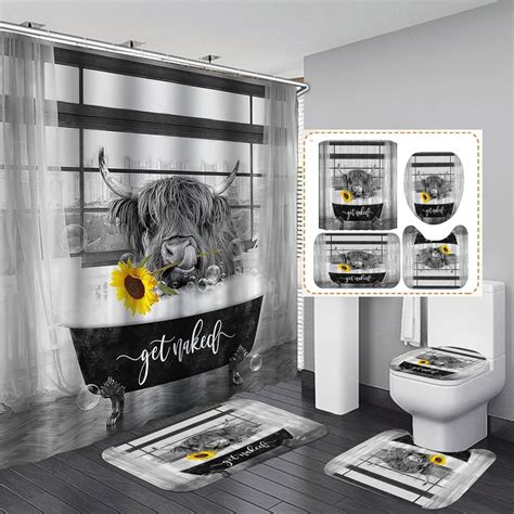 Pcs Funny Highland Cow Shower Curtain Set Vintage Sunflower Botanical Get Naked Cattle Bull