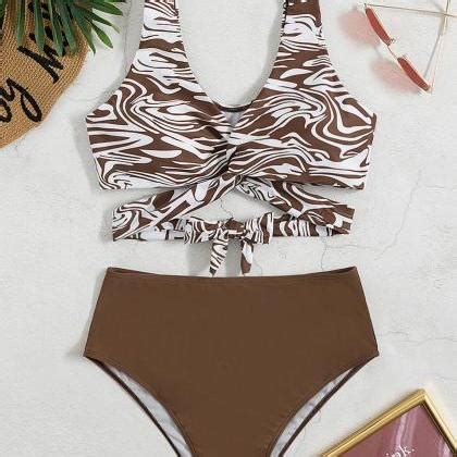 Sexy Solid Color Split High Waist Stretch Bikini Swimsuit On Luulla