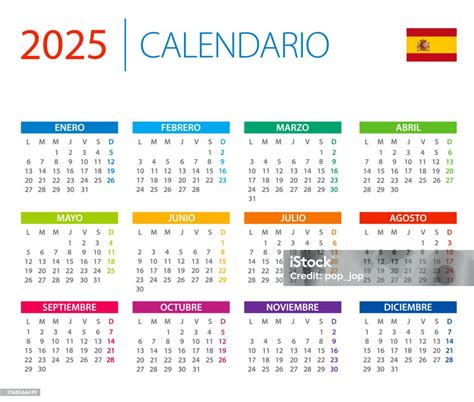 Calendar 2025 Color Vector Illustration Spanish Language Version Stock