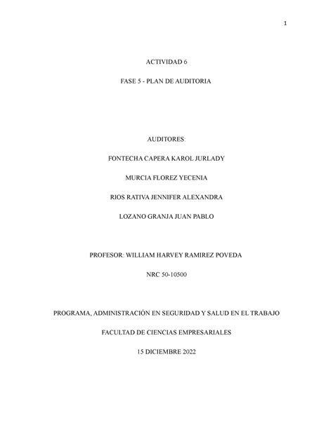 Actividad 6 FASE 5 PLAN DE Auditoria ACTIVIDAD 6 FASE 5 PLAN DE