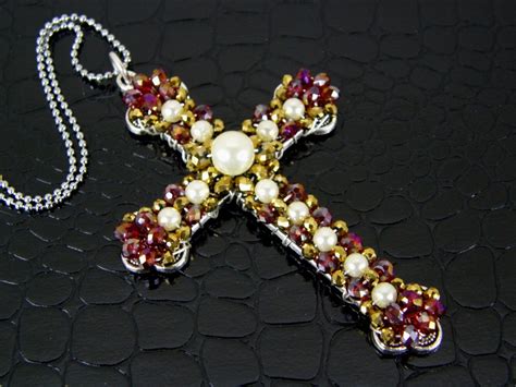 Cross Beaded Cross Wire Wrapped Beaded Pearl And Crystal