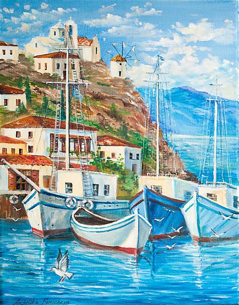 Mykonos Greece Island Original Landscape Oil Painting Boats Etsy