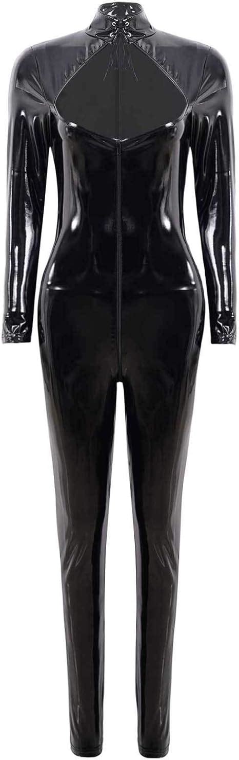 Ranrann Femme Combinaison Sexy Cuir Verni Wetlook Lingerie Body Manches Longues Catsuit Moulant