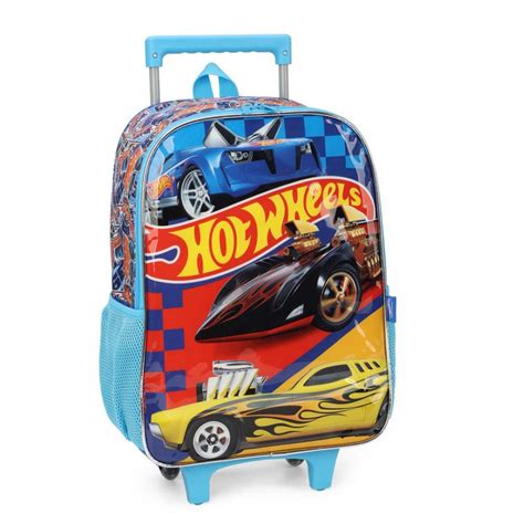 Kit Mochila De Rodinha Hot Wheels Azul Lancheira Estojo Papelaria Pigmeu
