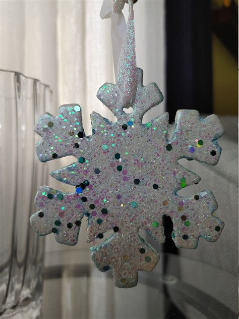 3 Iridescent Glittered Snowflake Ornaments In White Or Ice Etsy