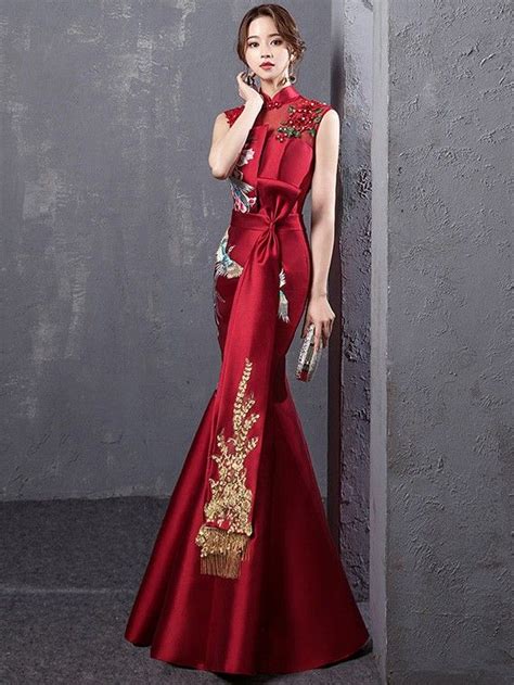 Wine Red Embroidered Fishtail Qipao Cheongsam Evening Dress Artofit