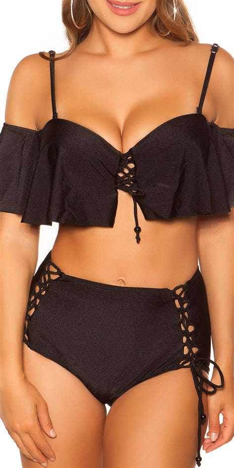 Sexy Bikini Met Volant En Hoge Taille Broek Zwart Bandeau Afneembaar Bikini