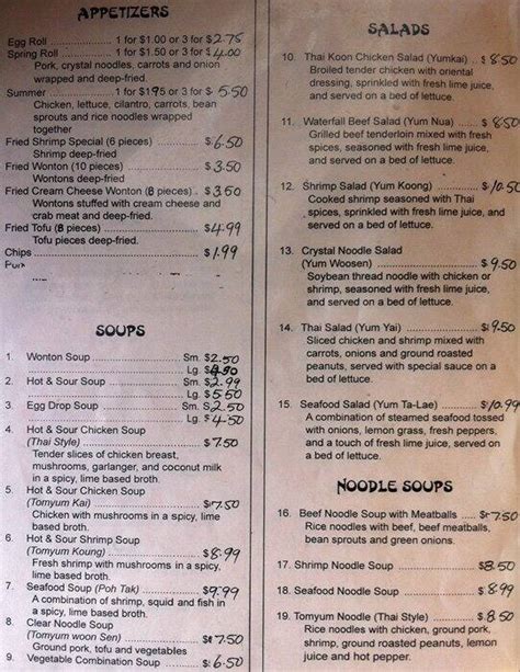 Menu at Thai Koon restaurant, Amarillo