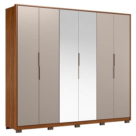 Guarda Roupa Casal Atrice Ambiente Portas Nogueira Nude Prime TX Espelho e Pés Demóbile