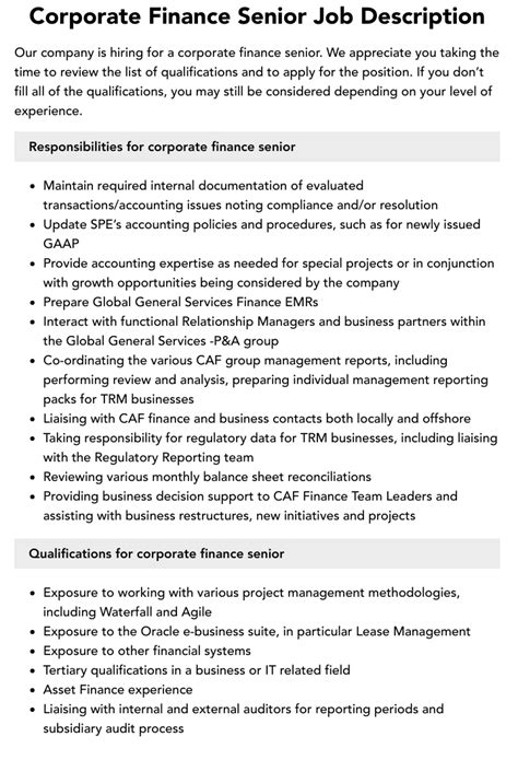 Corporate Finance Senior Job Description Velvet Jobs