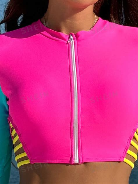 Women S Color Blocking Long Sleeve Bikini With Zipper Front Shein