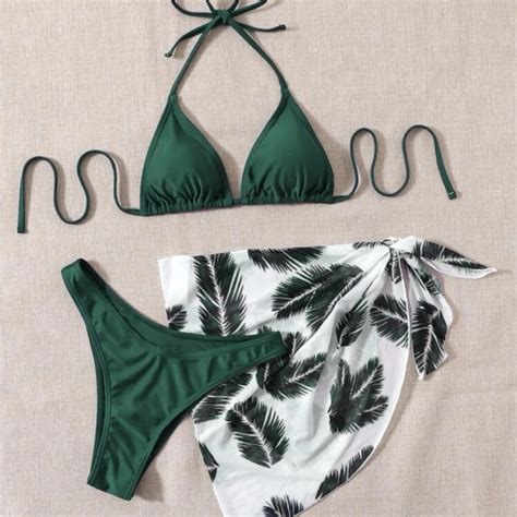 Shein Swim Leaf Print Bikini Set Halter Triangle Bra Cover Up Skirt Piece Bathing Poshmark