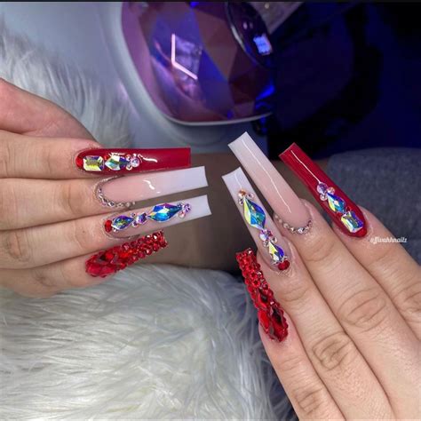 Nude And Red Acrylic Nails With Rhinestones Simple Acrylic Nails Long Square Acrylic Nails