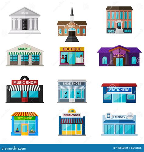 Different Shops Institutions And Stores Flat Icon Set Stock Vector