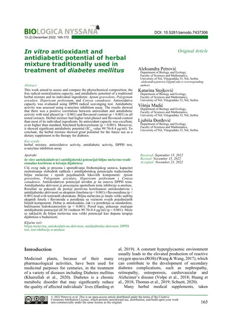 PDF In Vitro Antioxidant And Antidiabetic Potential Of Herbal Mixture